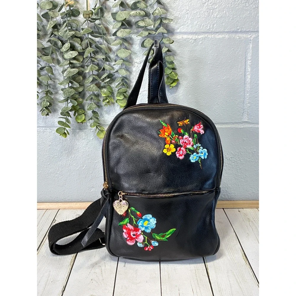 Betsey Johnson Black Floral Embroidered Mini Backpack Sling Bag Pink Lining